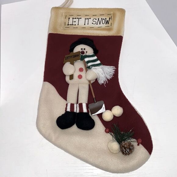 Let It Snow Holiday Snowman Christmas Stocking In Off White And Red - Picture 9 of 12